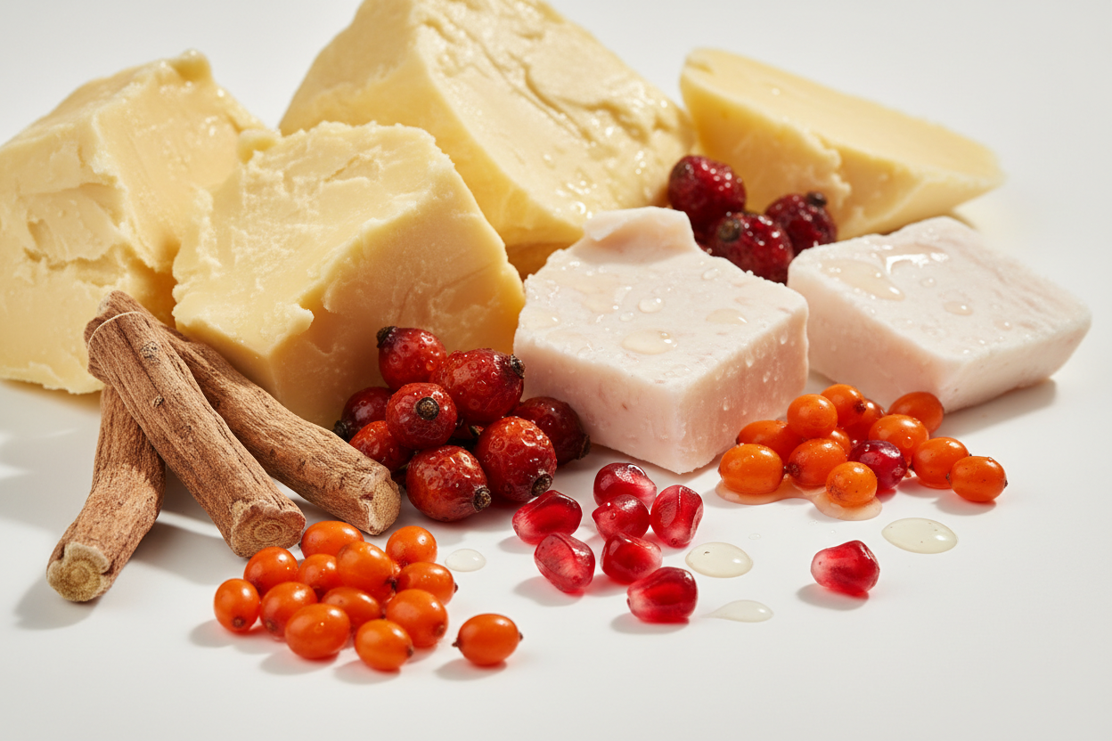 create an 5k ultra realistic editorial image of raw mango butter and kokum butter chunks, licorice root with rosehip, pomegranate and sea buckthorn oils. do not put oils in jars or bottles.